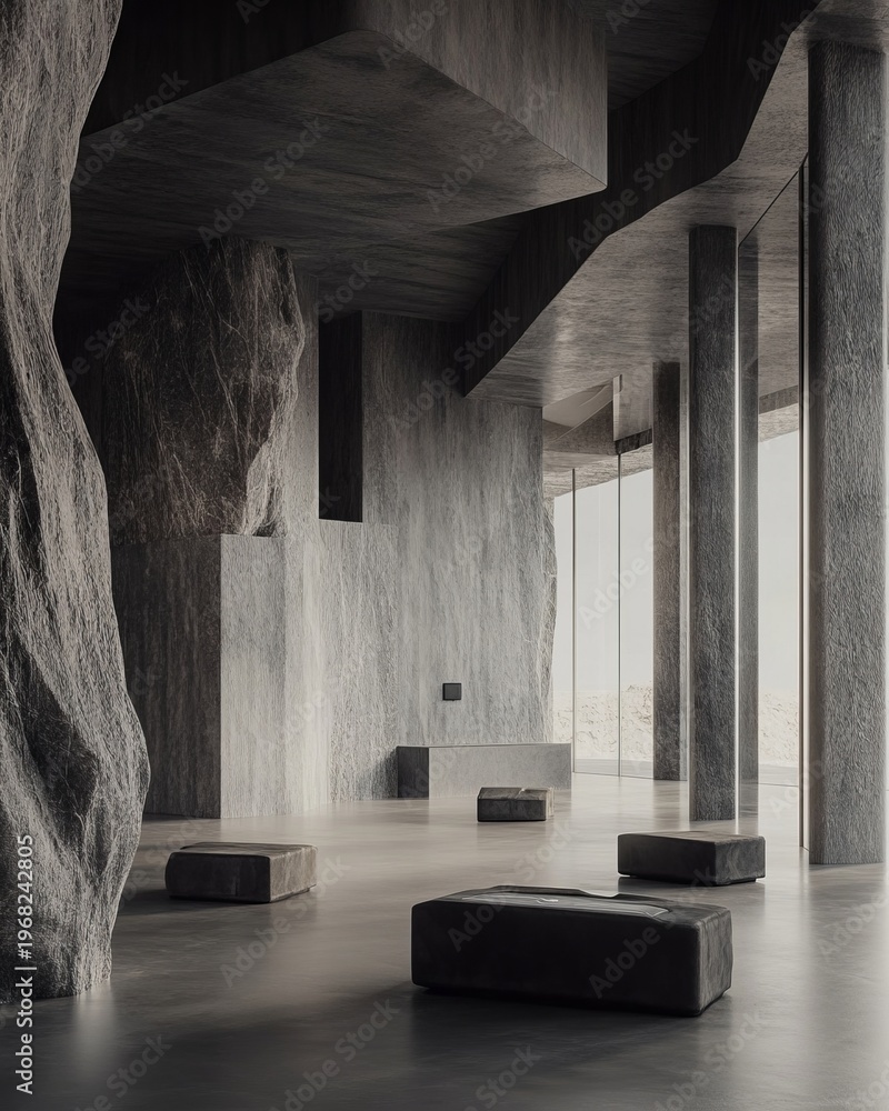 Fototapeta premium Modern Interior Design Blending Raw Stone Textures with Minimal Aesthetic Elements for a Unique Look