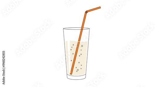 Refreshing glass of bubbly light-colored liquid with an orange drinking straw illustrated on a plain white background.