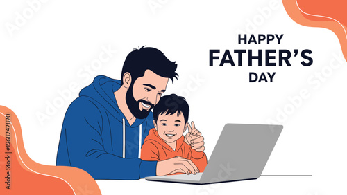 Heartwarming illustration of a father and son using a laptop together to celebrate happy fathers day with orange accents.