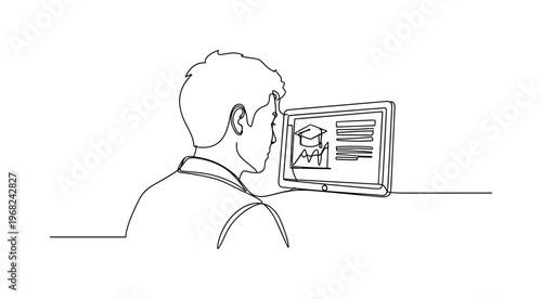 E-Learning Session. Minimalistic one-line drawing student viewing educational content on screen, continuous single black line on white background, simple