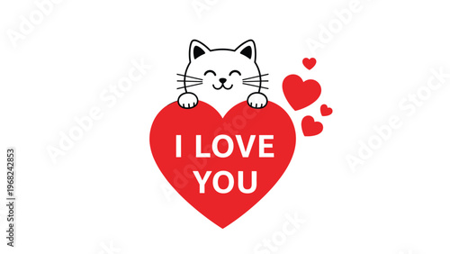 Adorable white cat holding a large red heart with the text I love you and smaller floating hearts on a white background.