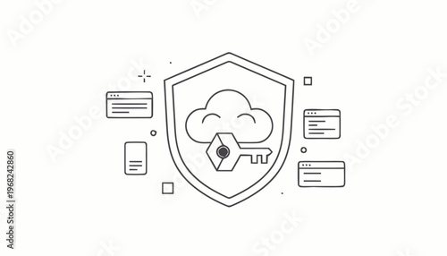 Cloud Security Shield with Key Icon Vector Illustration.
