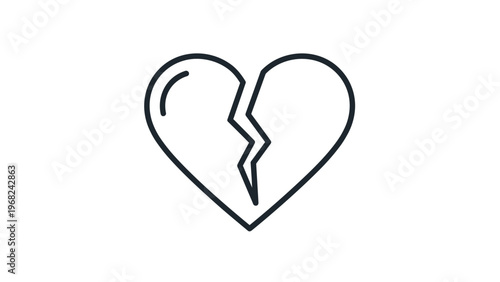 Simple black and white line art icon of a broken heart symbolizing sadness, heartbreak, or a failed relationship.