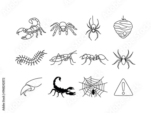 Venomous Arthropods. Minimalistic set one-line drawing scorpion close-up, tarantula spider, black widow with hourglass mark, hornet nest, centipede with many