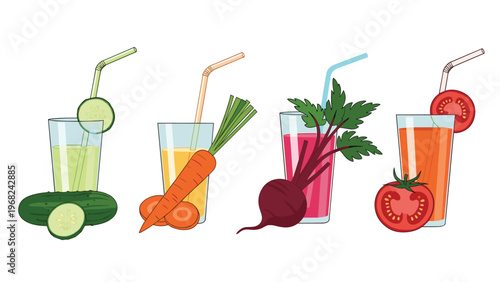 Four glasses of fresh vegetable juices including cucumber, carrot, beet, and tomato with corresponding ingredients and straws.
