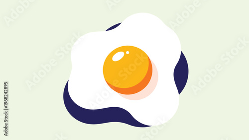 Stylized illustration of a fried egg over easy served on a dark blue splat over a light mint green background.