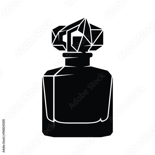 Black perfume bottle with geometric crystal stopper on white background