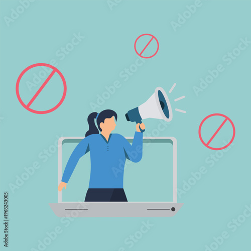 Digital Protest and Message Amplification: A determined figure uses a megaphone from inside a computer, surrounded by prohibition symbols, representing online dissent and a call for change. 