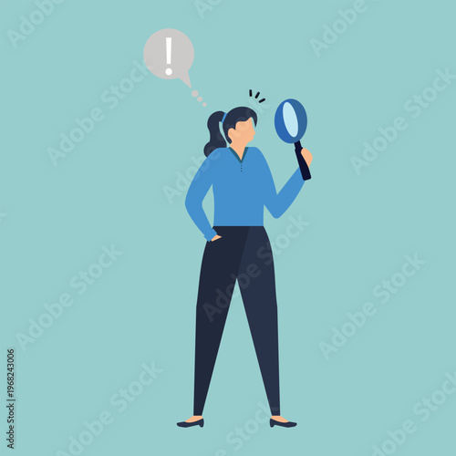 Focused Inquiry: A professional figure, engrossed in critical observation, employs a magnifying glass to delve into a matter, marked by the iconic thought bubble.