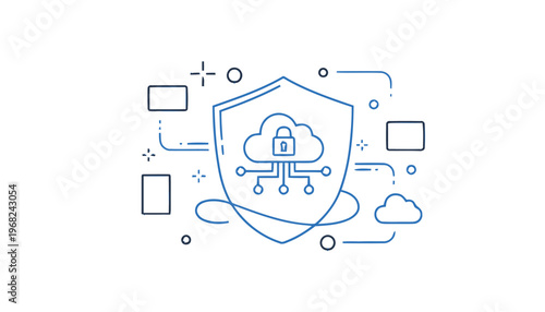 Cloud Security Shield with Lock and Network Connections Illustration.