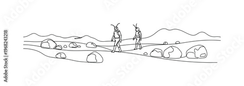 Exploring Mars. Minimalistic one-line drawing Martians walking across hills and rocks, continuous single black line on white background, simple outline style,