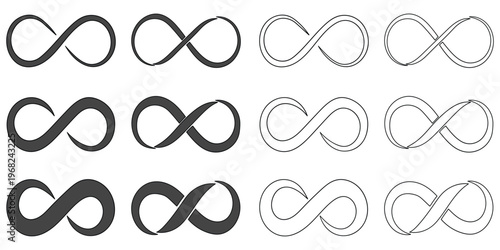 Hand-drawn cartoon and doodle set of infinity loop symbols on a white background.