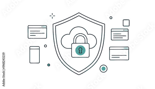 Cloud Security Shield with Padlock and Data Windows Illustration.