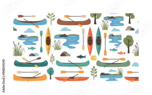 paddle outdoors motifs seamless pattern, repeating pattern, surface design, textile print, modern illustration of canoes, kayaks, paddles, rivers, lakes,