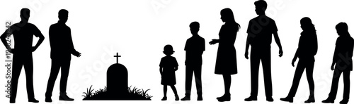 Silhouette of family mourning at grave, funeral scene with people grieving, loss and remembrance concept, cemetery illustration, death and sorrow