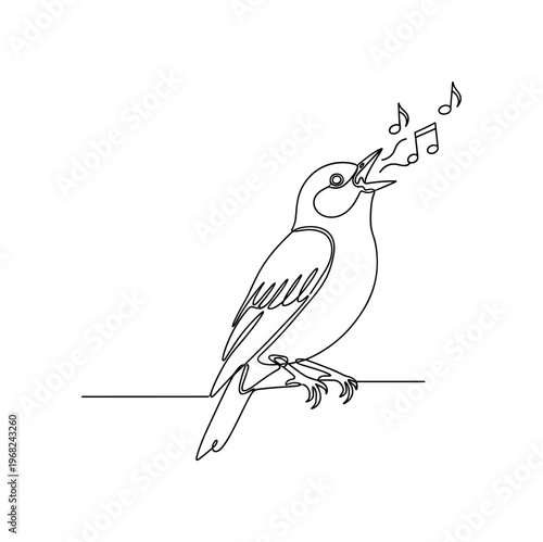 Melody Bird. Minimalistic one-line drawing perched bird with open beak producing song, continuous single black line on white background, simple outline style,