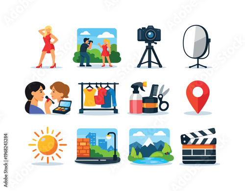 Model on Location. Colorful flat vector icons set of Model on Location: fashion model pose, outdoor photoshoot, camera on tripod, reflector panel, makeup touch