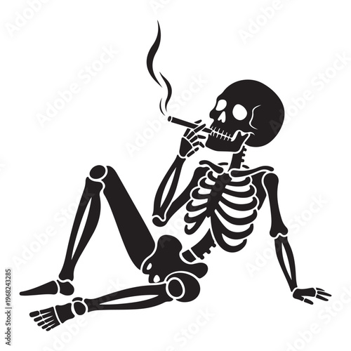 relaxed skeleton sitting and smoking cigarette silhouette isolated on white background vector illustration minimal design dark concept artwork