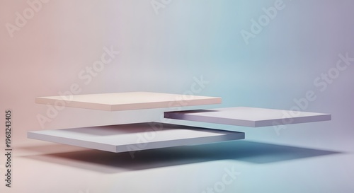 Minimal product display background template with floating geometric platforms, soft shadow lighting, pastel gradient background
