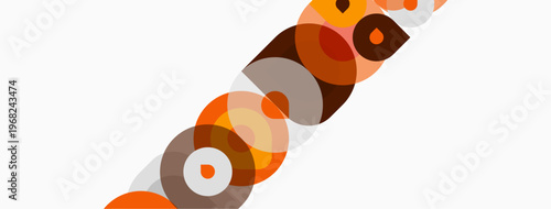 Abstract composition features overlapping circles, shades brown, orange. Minimalist design, clean lines, modern aesthetic. Simple geometry creates visual interest.