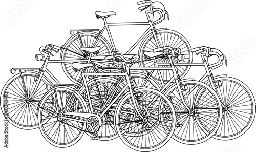 Collection of Vintage Bicycles Stacked Together Artistic Illustration.