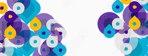 Abstract circles, vibrant colors, purple, blue, yellow. Modern design, clean background, symmetrical pattern, artistic composition.