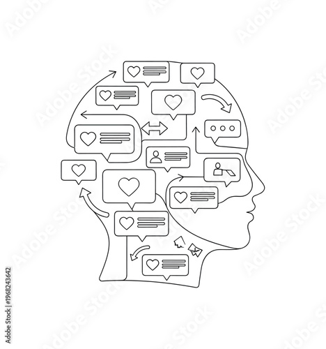 Algorithmic Influence. Minimalistic one-line drawing floating posts, likes, and arrows shaping user perception, continuous single black line on white