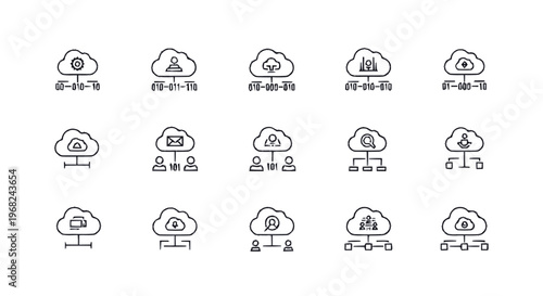 Collection of Cloud Computing Icons Representing Data and Technology.