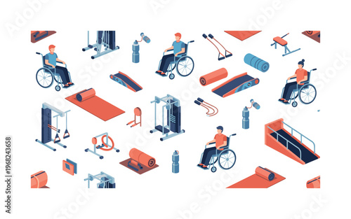 adaptive wellness icons seamless pattern, repeating pattern, surface design, textile print, modern illustration of wheelchair users, trainers, yoga mats,