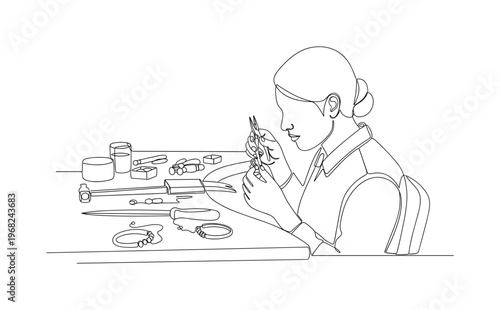 Jewelry Workshop. Minimalistic one-line drawing artisan creating earrings and bracelets with tools, continuous single black line on white background, simple