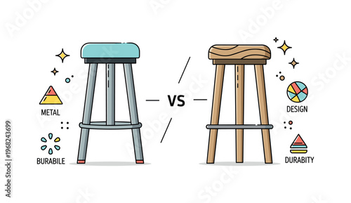 Bar stool leg metal and wood comparison concept where two leg types are displayed while small sparkle and line icons highlight material choice, design, and