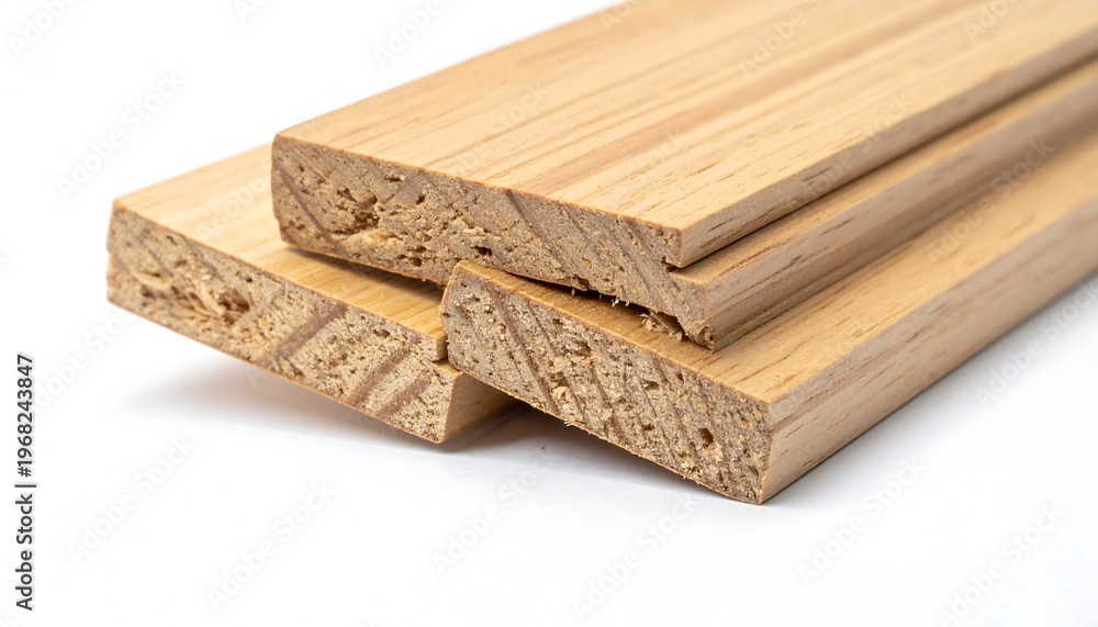 Fototapeta premium Close-up of three stacked rectangular wooden planks, revealing grain texture and end-cut details on a white backdrop