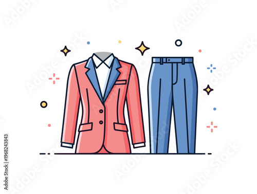 Tailored outfits evening wear concept where a fitted jacket and dress pants are displayed while tiny sparkle and star icons highlight sophistication, glamour,