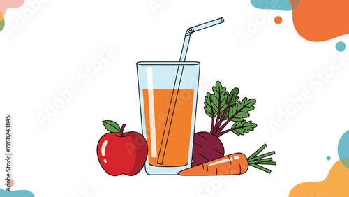 Fresh vegetable and fruit juice in a glass with a straw next to apple and carrots for healthy lifestyle theme.