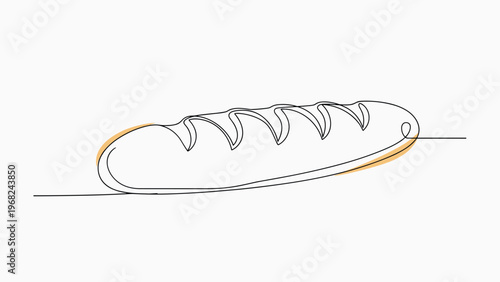 Continuous line drawing of a fresh loaf of crusty bread with highlighted orange sections for a minimalist bakery or food preparation design.