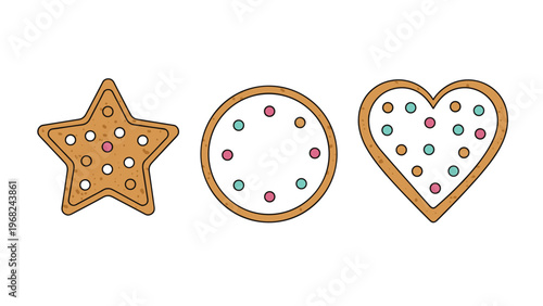 Three decorative cookies in the shapes of a star, circle, and heart with colorful icing dots and a light brown gingerbread appearance on white.