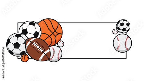 Decorative border design for sports themes featuring a soccer ball, basketball, football, and baseballs of various sizes in a collage style.