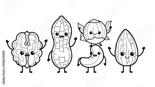 Group of cute cartoon nut characters with happy faces featuring a walnut, peanut, hazelnut, cashew, and almond with arms and legs on white.