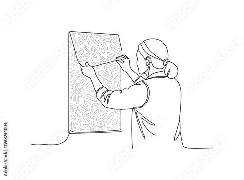 Home Improvement. Minimalistic one-line drawing person removing patterned wallpaper carefully, continuous single black line on white background, simple outline