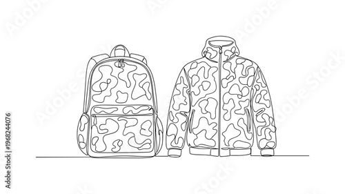 Camo Gear. Minimalistic one-line drawing backpack and jacket with camouflage pattern, continuous single black line on white background, simple outline style,