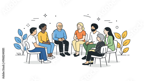 Therapy support circle. Diverse people sitting on chairs in a simple circle with abstract plant elements around. Shared experience, emotional balance, gentle