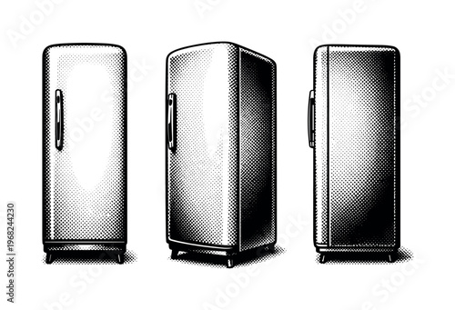 Refrigerator 1960s style ? tall narrow refrigerator with smooth enamel body and vertical chrome handle, shown in frontal view, slight angled view, and profile