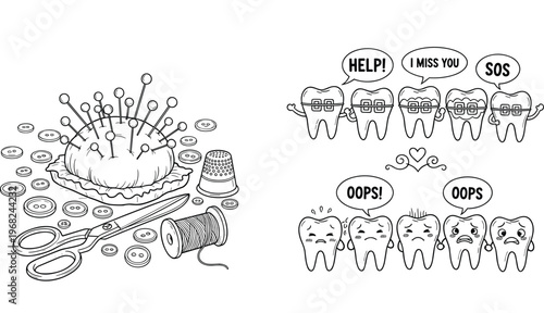Cute Tooth Characters and Sewing Tools Vector Illustration Set with Dental Care Cartoon Mascots, Needle Pincushion, Buttons and Handmade Craft Elements