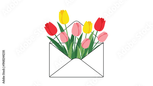 Beautiful colorful tulips bouquet in an envelope for spring greeting or special occasion and celebration design.