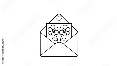 Greeting card with flowers in an envelope outline illustration for spring celebration or mother day activities.