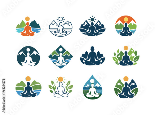Nature and outdoor activities for self-care. Icon set. Set Logo of Nature and outdoor activities for self-care: yoga pose in nature. harmonious logo variations