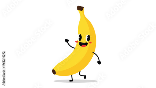 Happy yellow banana character walking and waving with a big smile for healthy food mascot and fun illustrations.