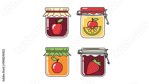 Collection of different fruit jam jars including apple and strawberry for breakfast and kitchen pantry design.