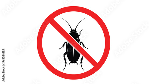 Stop cockroach sign with a black insect inside a red forbidden circle for pest control and hygiene service for home safety.