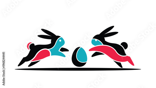 Two playful easter bunnies with a colorful egg for holiday celebration and spring greeting card design for family joy.